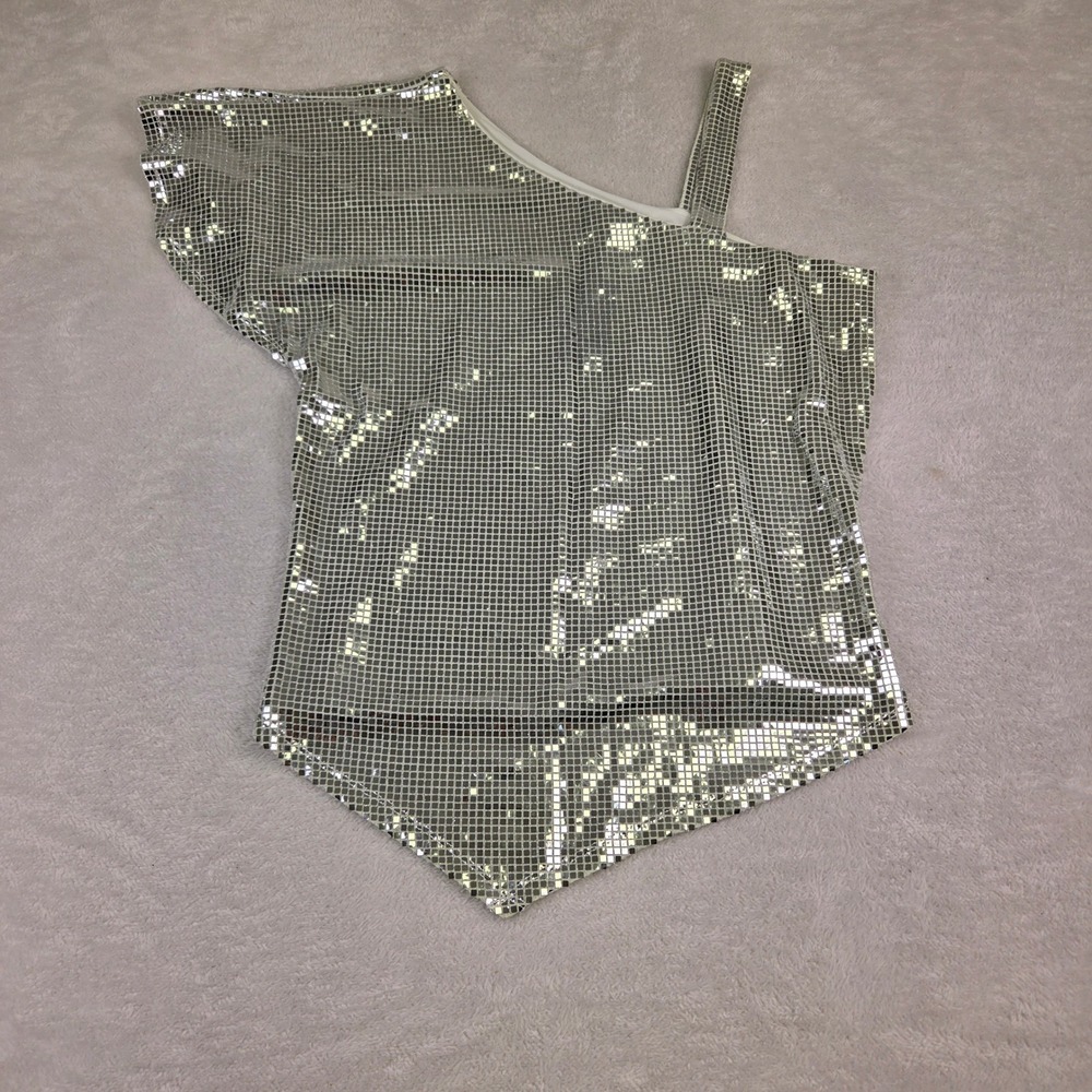 Silvr Sequin One Shoulder Top Asymmetrical Pointed Hem Flutter Sleeve Disco Glam